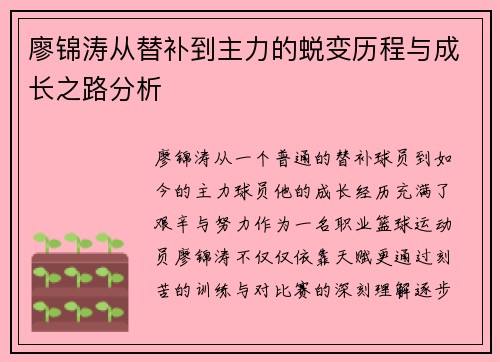 廖锦涛从替补到主力的蜕变历程与成长之路分析