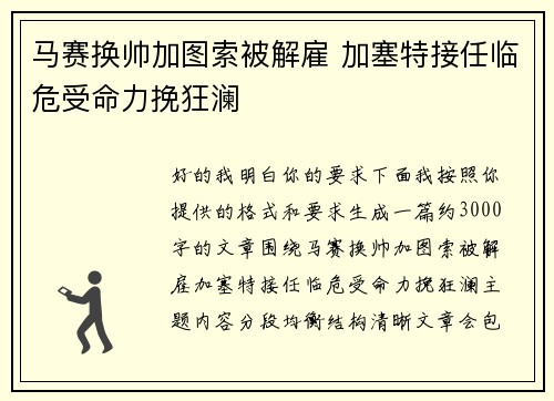 马赛换帅加图索被解雇 加塞特接任临危受命力挽狂澜