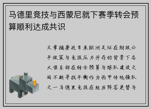 马德里竞技与西蒙尼就下赛季转会预算顺利达成共识